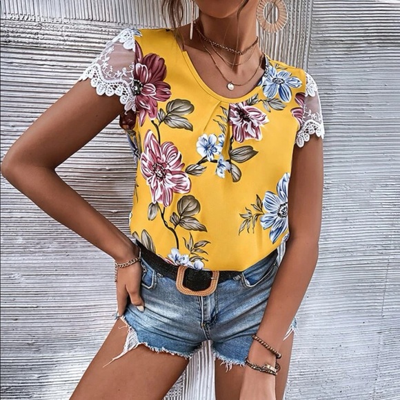 Boho floral print lace trim  blouse - Picture 1 of 6